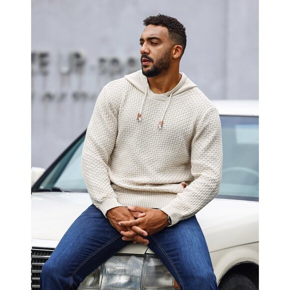 Mens Hooded Sweatshirt Long Sleeve Solid Knitted Hoodie Pullover Sweater - Picture 3 of 5